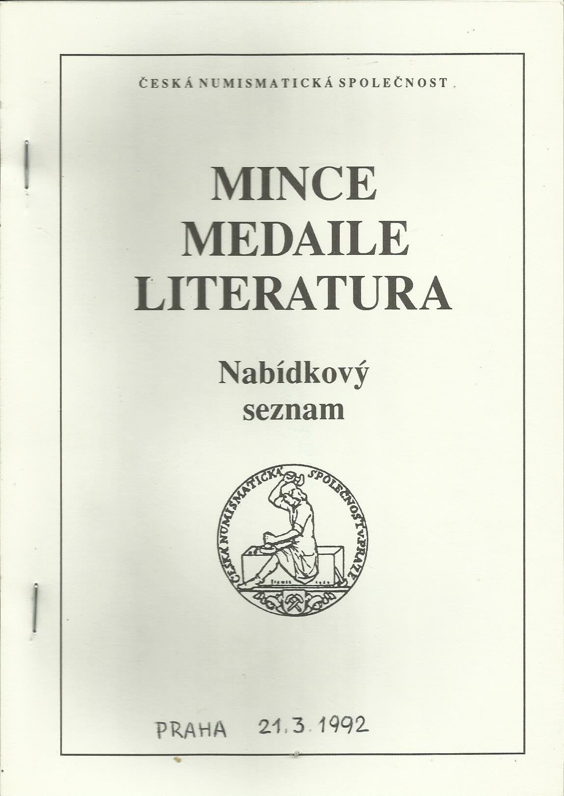 Mince, medaile, literatura - březen 1992